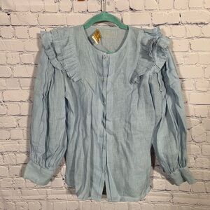 Carolina K Womens H emp Full Button Ruffle Top Blue Size S Preppy Quiet Luxury